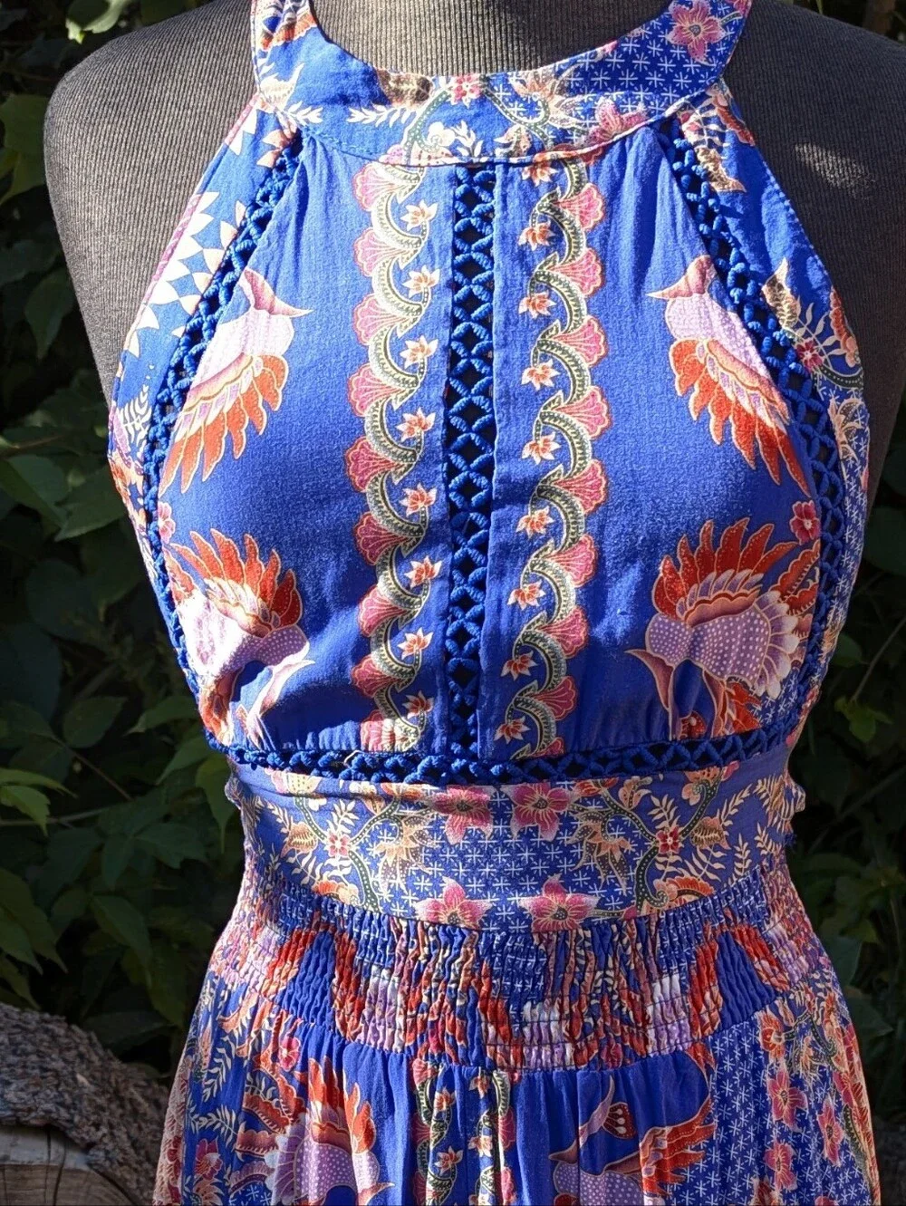 Boho Tropical Halter Mini Dress Smocked Festival Summer XS Dopamine Drip - Picture 8 of 13